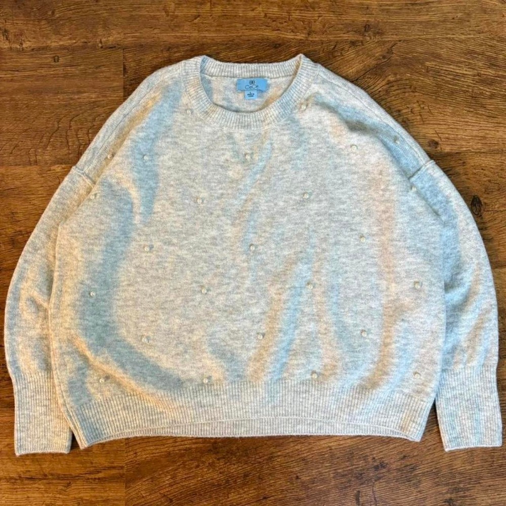 CeCe Womens Grey Pearl Embellished Crew Neck Knit Sweater Large cozy cottage